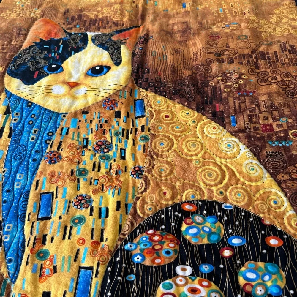 Hand Quilted Pre Printed Panel Klimt Inspired Cat Lap Quilt or Wall Hanging